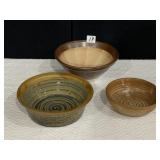 3 POTTERY BOWLS, ONE UNMARKED, 2 PIGEON FORGE