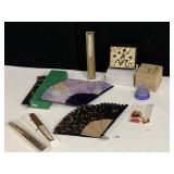 JAPANESE PAPER FANS, ETCHED TOP WOOD BOX, CUT