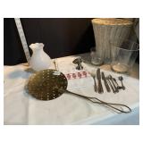 LARGE GLASS DISH, WATE CAN ETC.