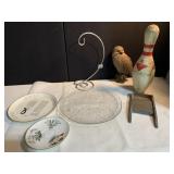ORNAMENT HOLDER, GLASS PLATE, BOWLING PIN, OWL
