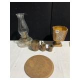 OIL LAMP WITH HURRICANE SHADE, LAMPSHADE, COPPER