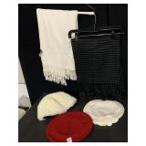 FAUX FUR HAT, 2 WOOL BERETS, 2 SCARVES