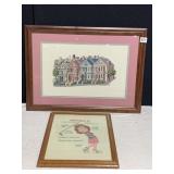 FRAMED AND MATTED CROSS STITCH OF ROW HOMES,