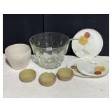 LARGE GLASS PUNCH BOWL WITH LADLE, WHITE POTTERY