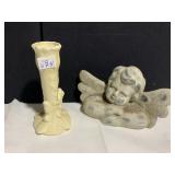 CEMENT ANGEL AND BUD VASE WITH FROG