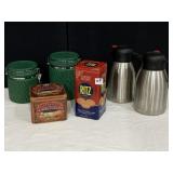 2 COFFEE CARAFES, 2 GREEN LOCKING TOP CANISTERS