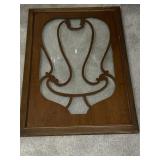 FRAMED FRETTED WOOD AND GLASS CABINET DOOR,