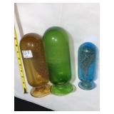 THREE COLORED GLASS BOTTLES ROUND BOTTOMS