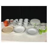 TWOS COMPANY PEDESTAL CAKE PLATE, DISHES, MUGS,