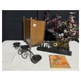 WOOD WASTE CAN, IRON CROWN AND CANDLE HOLDER,