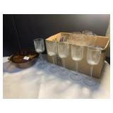 ETCHED GLASSES, PYREX W/ SM. CHIP ON UNDER LID