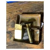 VINTAGE BRASS RAZOR WITH BOX AND HOLDER