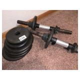 BLACK CAST IRON 4 2.5 AND 4 -5LB W/ CURLING BARS