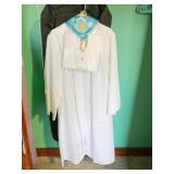 WHITE GRADUATION ROBE, MORTAR BOARD AND NATIONAL