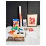 CONTACT PAPER, POM POMS, SAFETY PINS, DOG