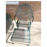 GREEN IRON PATIO CHAIR WITH MATCHING OTTOMAN