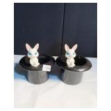 PAIR OF CERAMIC HAND PAINTED RABBIT IN MAGIC HAT