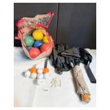 BOCCE BALLS, GOLF BALLS AND TEES AND UMBRELLAS