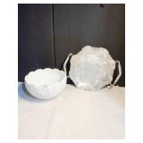 MILK GLASS PUNCH BOWL AND DOUBLE HANDLED FLORAL