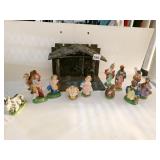 NATIVITY SET MARKED ITALY WITH WOODEN MANGER