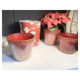 3 METAL CHRISTMAS PLANTERS, FAUX POINSETTIA,