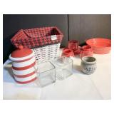 WHITE WICKER BASKET, CANDLE HOLDER ETC.