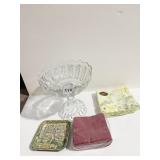 GLASS COMPOTE, NEW PAPER NAPKINS, PAPER ART TRAY