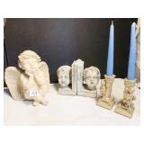 CHERBUB HEAD BOOKENDS, CANDLE STICKS AND FIGURE