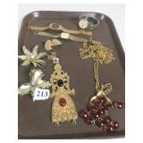 THREE WATCHES, EARRINGS, PINS, GOLD TONE NECKLACE
