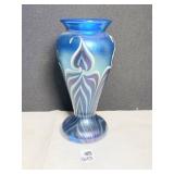 IRIDESCENT BLUE VASE, 9", SIGNED ON BASE, CARSEY?
