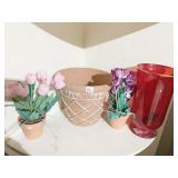 FAUX CLAY PLANTER, VASE W/ SILK TULIPS, 12" H RED