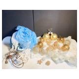 LARGE GOLD GLASS CHRISTMAS BALLS, WIRE ORNAMENTS,