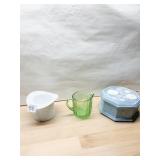 JEWELRY BOX, MILK GLASS HAT, GREEN DEPRESSION