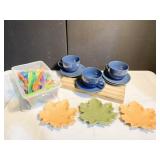 CUTTING BOARD, 3 LEAF DISHES, PLASTIC UTENSILS, 4