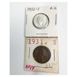 1931-S LINCOLN W/ 1955-S ROOSEVELT DIME UNC
