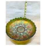 FENTON HOLLY GREEN FOOTED BOWL 2" H X 8.5" W