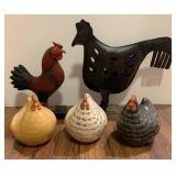 METAL ROOSTER TEA LIGHT HOLDER, CARVED WOOD