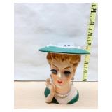 HEAD VASE W/ GREEN HAT & PEARLS 5.5" H