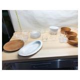 WOOD BOWLS, ALUM. TRAY CRACKLE GLASS PLATES, ETC.