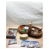 DOUBLE SIDED BASKET, PIN CUSHION, CLIP ON GLASSES