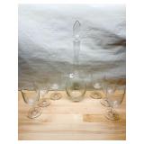ETCHED DECANTER W/ STOPPER AND 6 ANTIQUE ETCHED