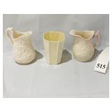 2 BELLEEK CREAM PITCHERS, AND VASE