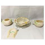 BELLEEK BASKET DAMAGED AREA, CREAMER, SUGAR NO