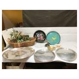 SILVERPLATED TRAYS, BASKET W/ TAG, HAND PAINTED