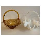 PAIR OF FENTON GLASS BRIDAL BASKETS, AMBER GLASS