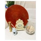 CLOCK, SHELL, LARGE TRAY, BIRD HOUSE, BRASS VASE