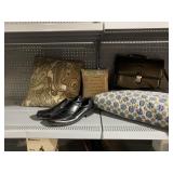 BED COMFORTER, BRIEFCASE, SZ. 10.5 SHOES, PILLOWS
