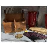 MAGAZINE HOLDER, RED VASE, FAN W/ PINK, CANDLE