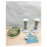 GOOD LUCK HORSE COLLAR DISH, CANDLE STICKS ETC.