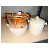 GLAZED STONEWARE PITCHER CRACK ON HANDLE AND SM.